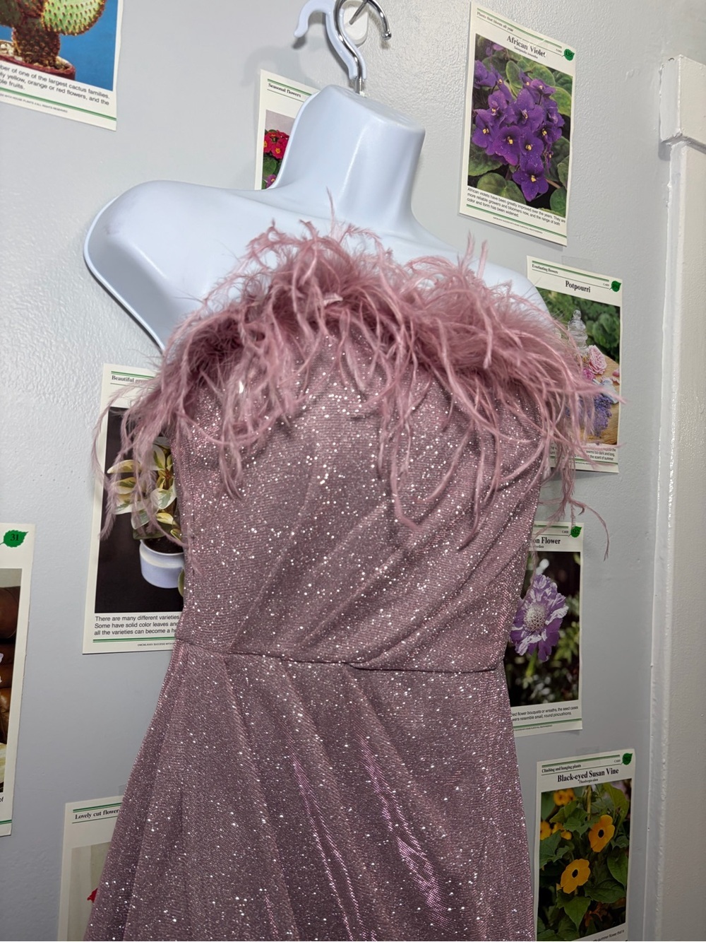 Speechless Dusty Rose Strapless Feather-Trim Glitter Dress - Picture 3 of 6